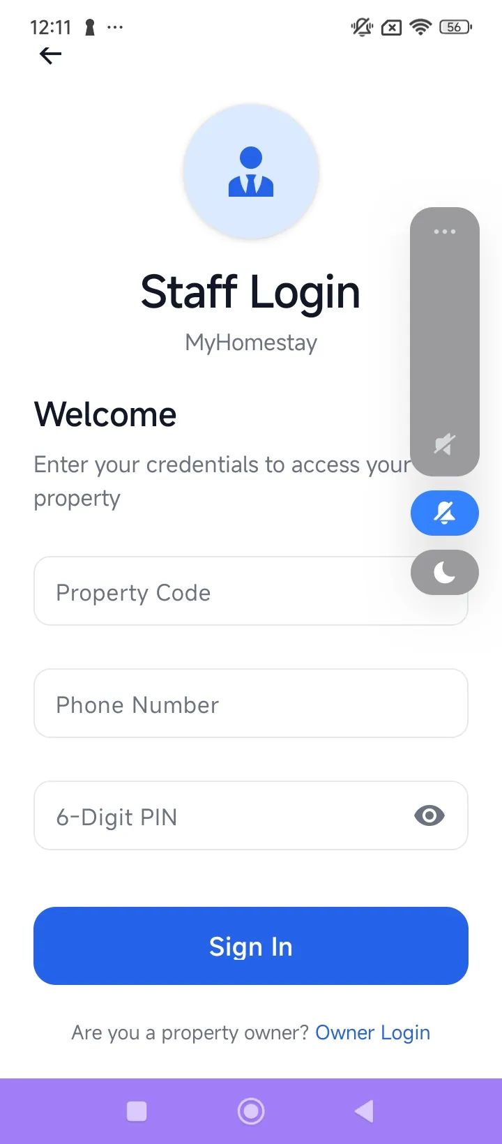 MyHomestay Owners App - Staff Login