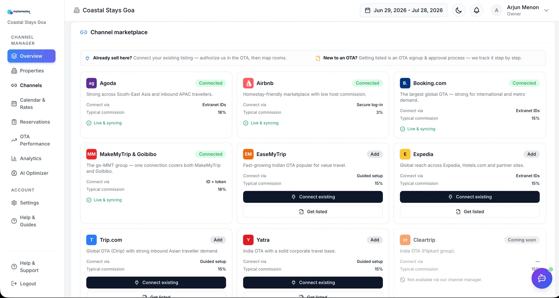 Channel marketplace showing guided connections for MakeMyTrip & Goibibo, Booking.com, Agoda, Airbnb, Expedia, Trip.com, Yatra and EaseMyTrip