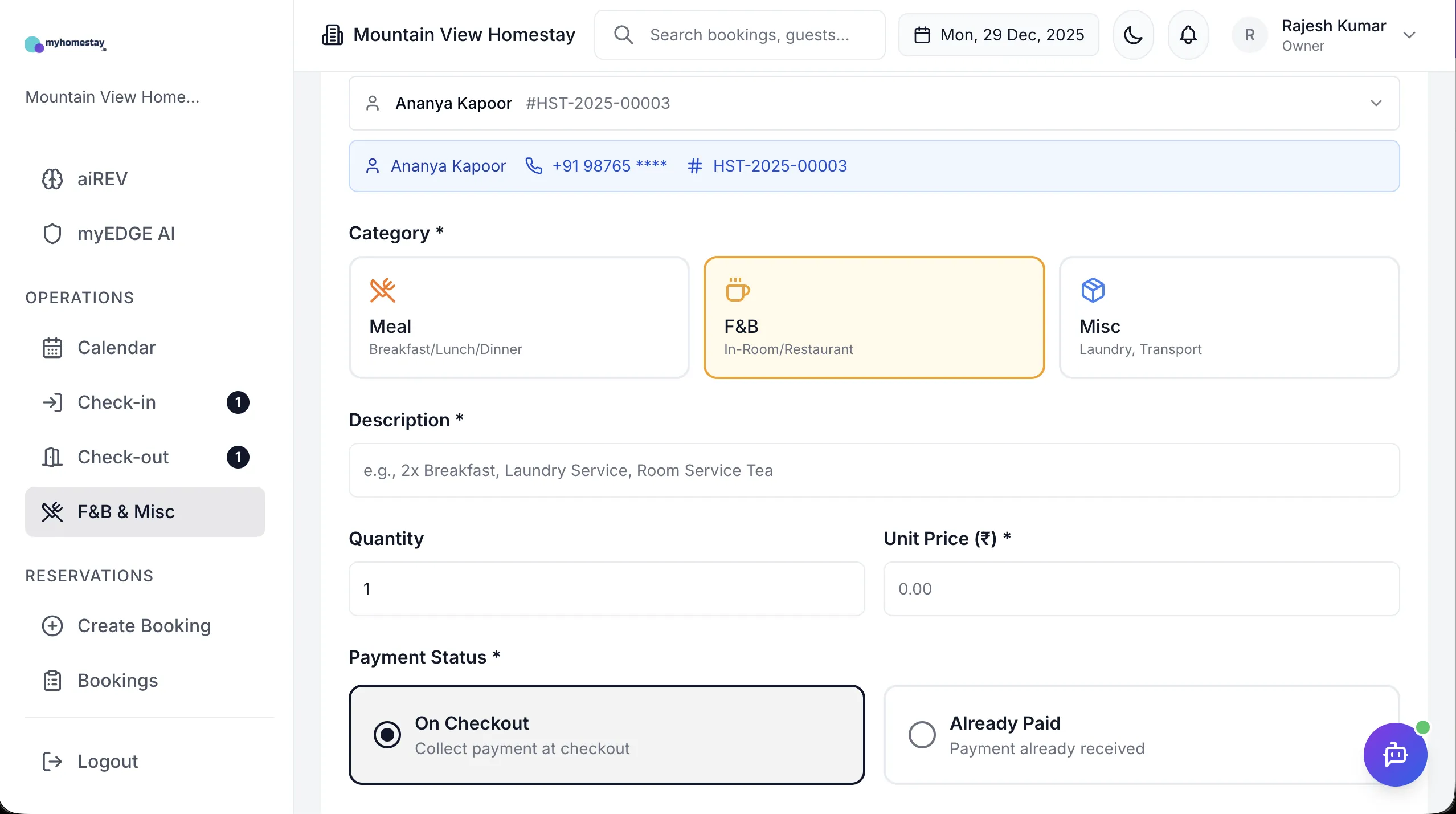F&B and Miscellaneous Charges